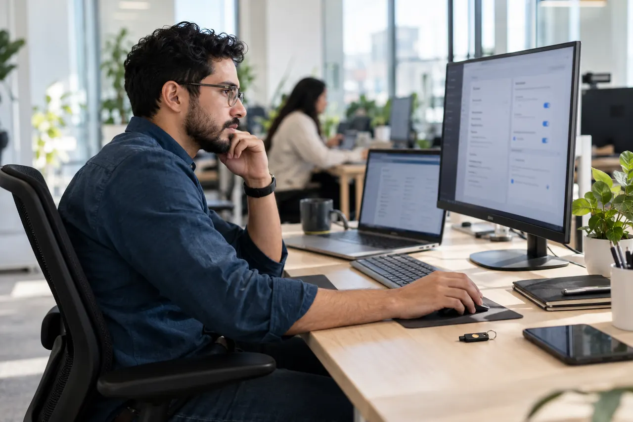 Security engineer reviewing account security and 2FA email settings at his desk