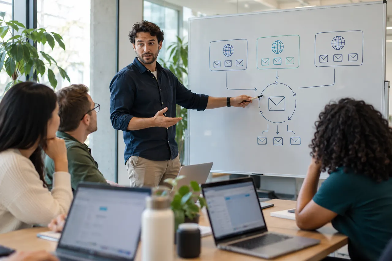 Marketer explaining a domain and inbox rotation plan for cold email on a whiteboard