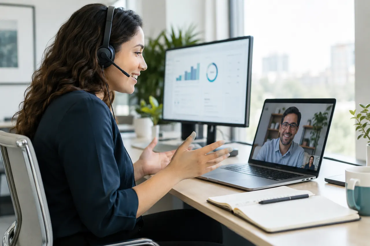 Friendly SendHaven consultant on a video call with a client