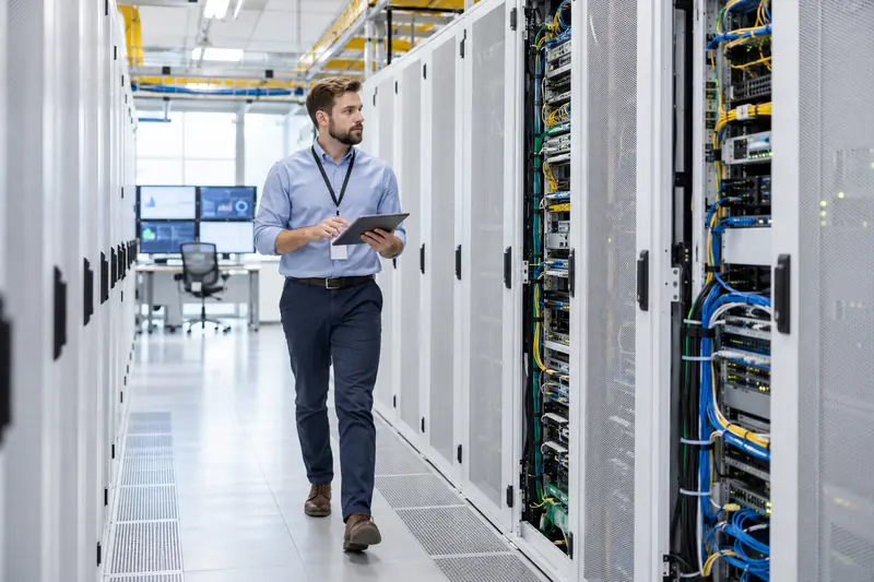 Technician walking through a data center aisle with dedicated email server racks