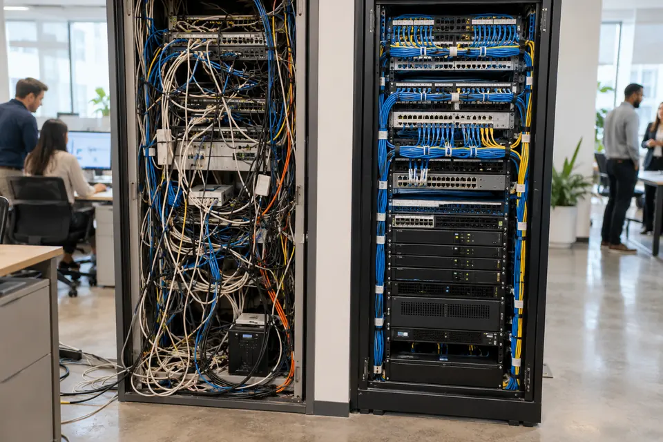 Crowded shared server room with tangled cables next to a clean, locked dedicated server cage: shared ESP versus dedicated email infrastructure