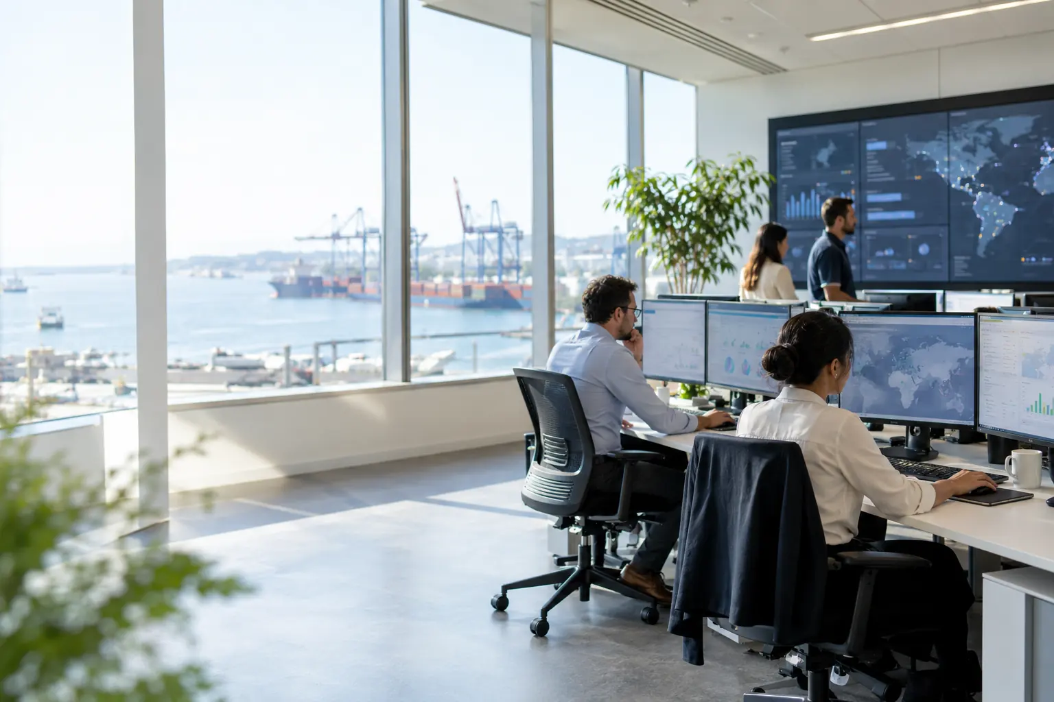 SendHaven operations team monitoring email delivery and inbox placement, with the harbour visible through the office windows