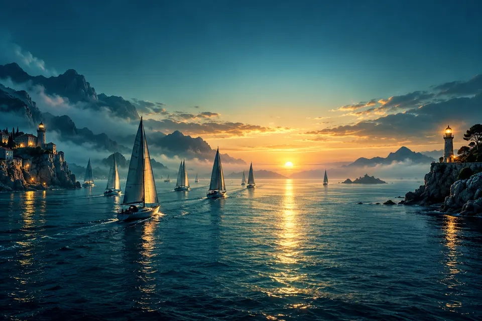 A fleet of sailboats leaving a calm harbour at sunrise, high-risk email senders setting sail with SendHaven